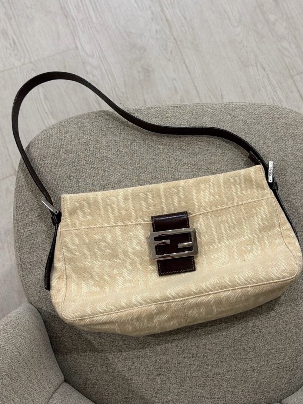 Fendi Zucca Cream Shoulder Bag with Leather Brown Trim